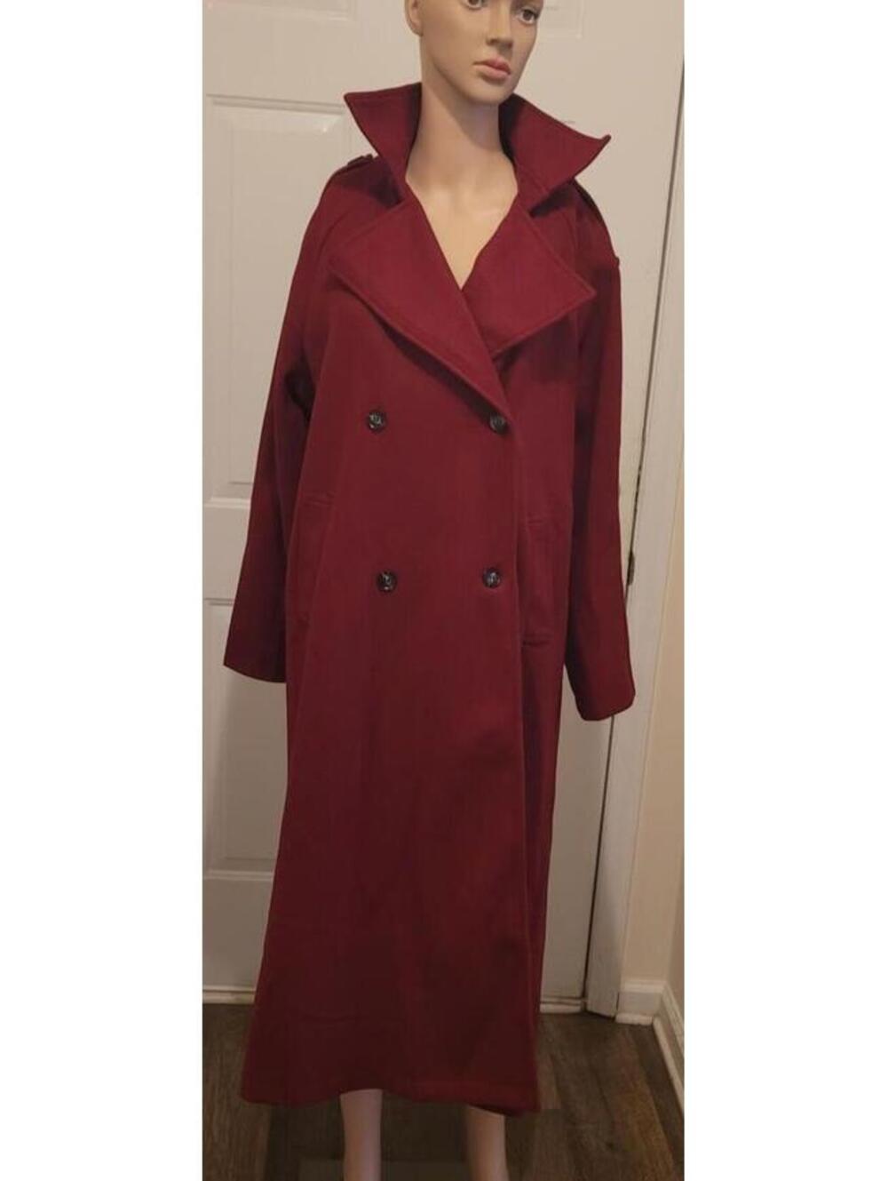 Women's Long Burgundy Double-Breasted Wool Trench Coat Size L